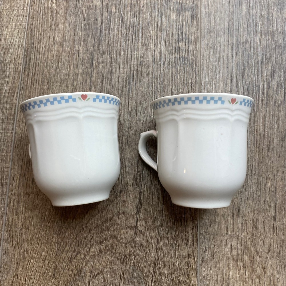 Stoneware Moonlight Thailand Geese Heart Mugs Set of 2 Blue White Checkered - Picture 2 of 9